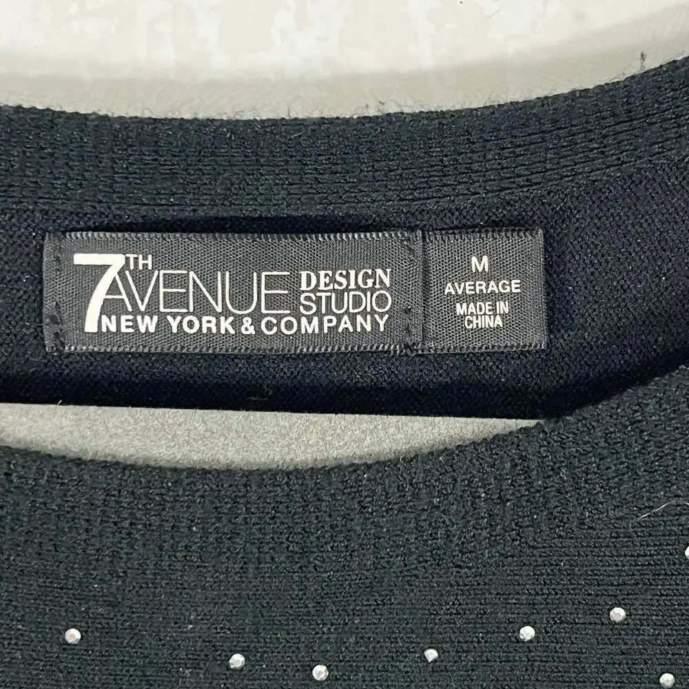 7th Ave NY Evening Wear Rhinestone Sweater Dolman Sleeve Black/Silver Medium